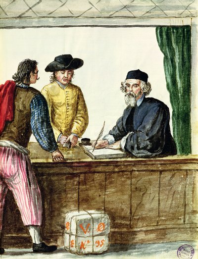Ein jüdischer Ladenbesitzer mit zwei Kunden von Jan van Grevenbroeck